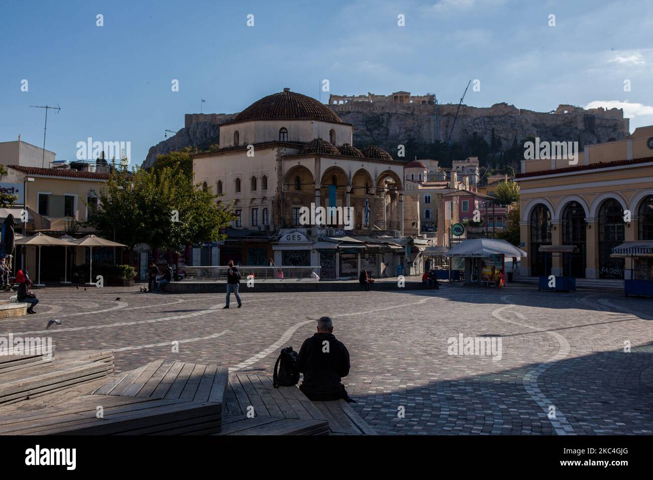 Monastiraki is a place of meeting. Now is empty of people due to covid19 and the second lockdown in Athens, in Athens, Greece, on November 23, 2020 amid teh Covid-19 pandemic. (Photo by Konstantinos Zilos/NurPhoto) Stock Photo