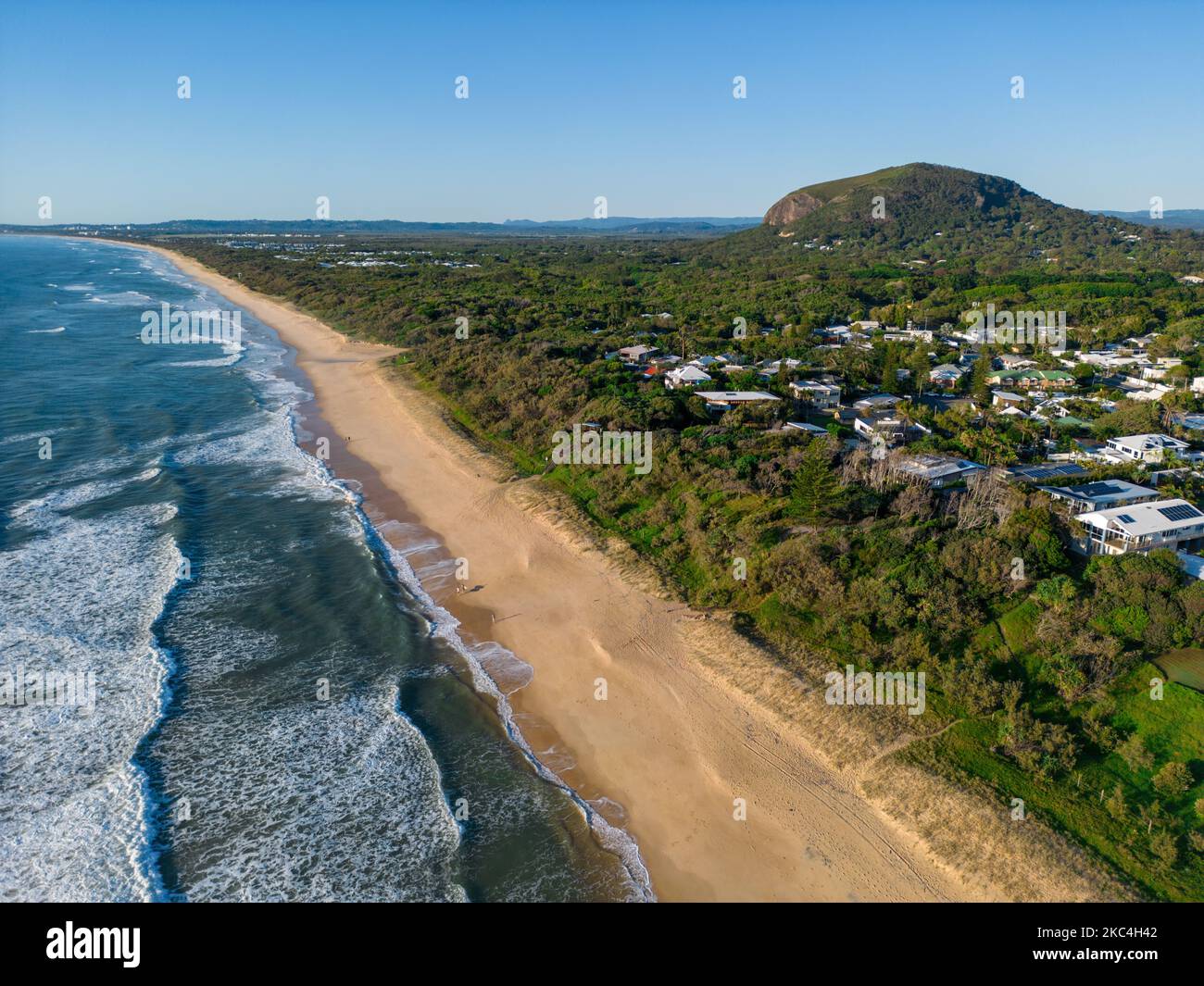 An aerial shot of  Yaroomba beach and Mt Coolum on the Sunshine Coast Queensland Stock Photo