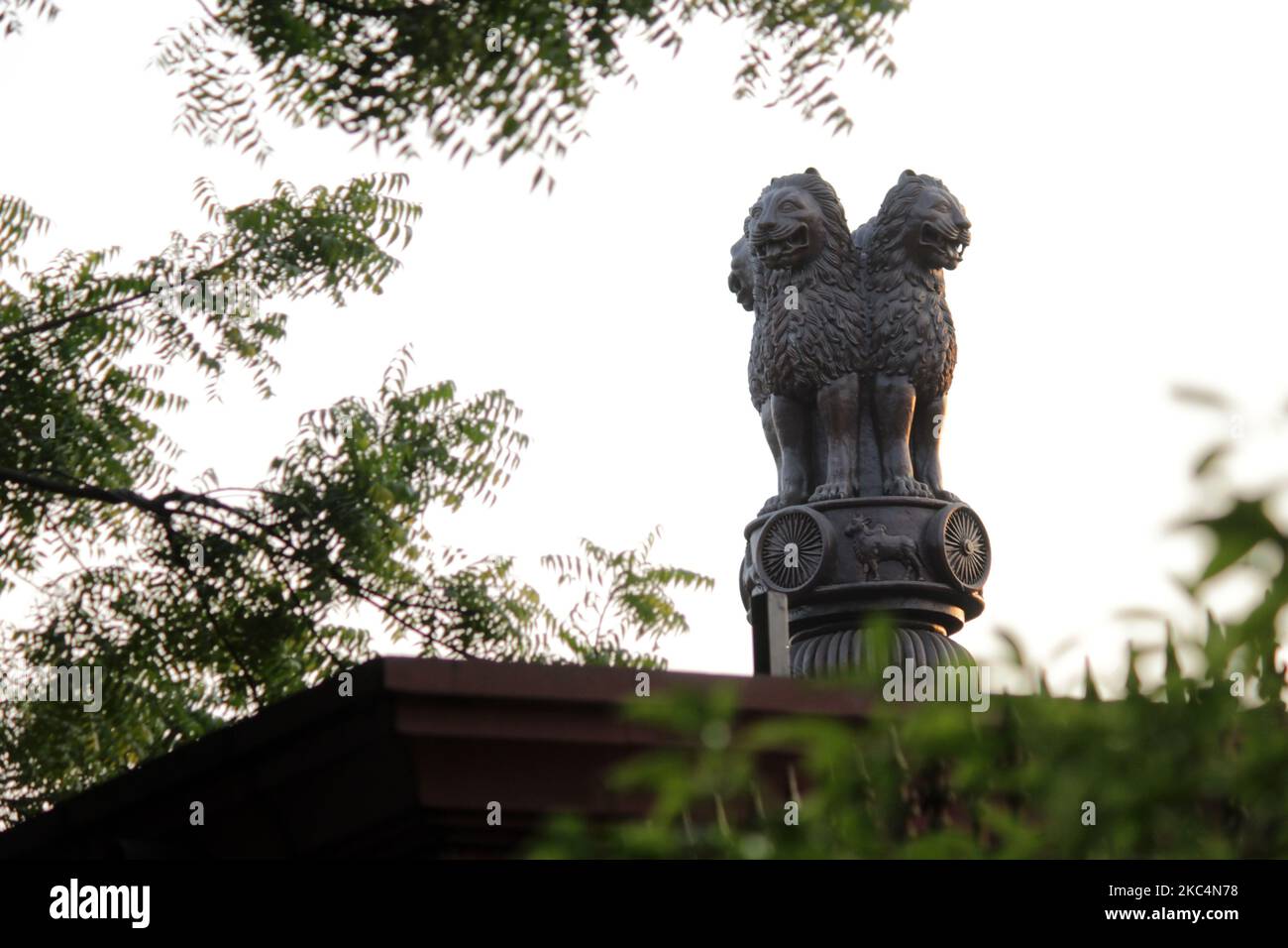A statue of the national emblem, a depiction of the Sarnath- Lion Capital of Ashoka, on the occasion of Constitution Day at Dr. Ambedkar National Memorial in New Delhi on November 26, 2020. Constitution Day, also known as National Law Day, is celebrated in India on 26 November every year to commemorate the adoption of the Constitution of India. (Photo by Mayank Makhija/NurPhoto) Stock Photo