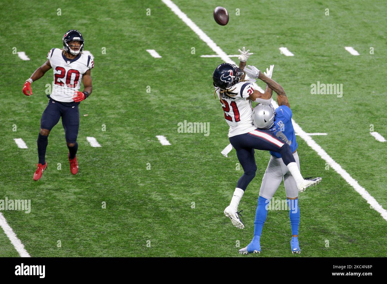 Detroit Lions wide receiver Marvin Jones (11) cannot catch a pass while being defended by Houston Texans cornerback Bradley Roby (21) during the second half of an NFL football game in Detroit, Michigan USA, on Thursday, November 26, 2020. (Photo by Jorge Lemus/NurPhoto) Stock Photo