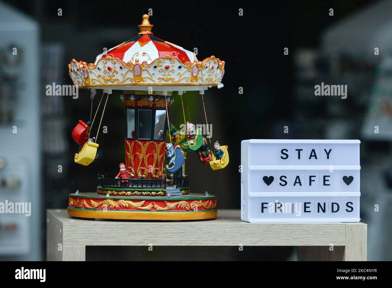 Stay Safe Friends message seen in a shop window, in Dublin's city