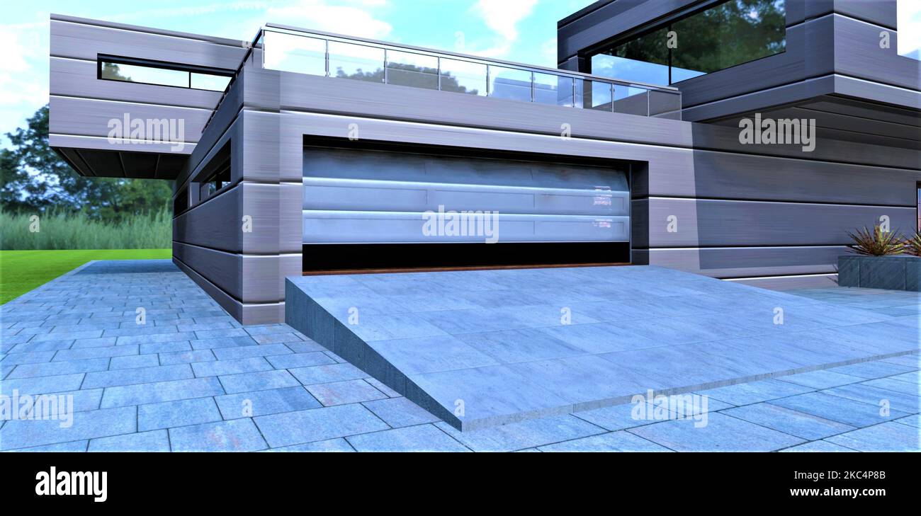 Concrete ramp to a garage with automatic aluminum sliding gates in a ...