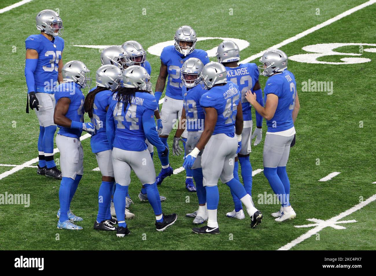 Detroit Lions fullback Jason Cabinda (45), Detroit Lions linebacker Jalen Reeves-Maybin (44), Detroit Lions punter Jack Fox (3), Detroit Lions safety Miles Killebrew (35) discuss a play with teammates during the first half of an NFL football game between the Detroit Lions and the Houston Texans in Detroit, Michigan USA, on Thursday, November 26, 2020. (Photo by Amy Lemus/NurPhoto) Stock Photo