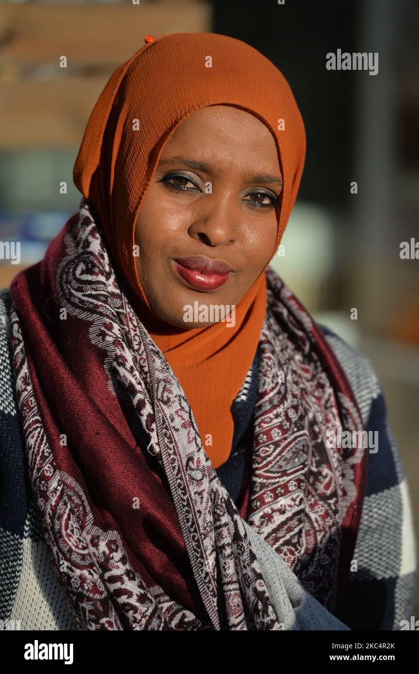 Ifrah Ahmed, a Somali-Irish social activist seen in Dublin city center. Born into a refugee camp in war-torn Somalia, Ifrah was trafficked to Ireland as a teenager. Recounting her traumatic childhood experiences of Female Genital Mutilation / Cutting (FGM/C) when applying for refugee status, she was again traumatized and decided to devote her life to the eradication of the practice. Ifrah emerged as one of the worlds foremost international activists against Gender Based Violence, after she took her campaign all the way to the President of Ireland and finally to the European Parliament and Unit Stock Photo