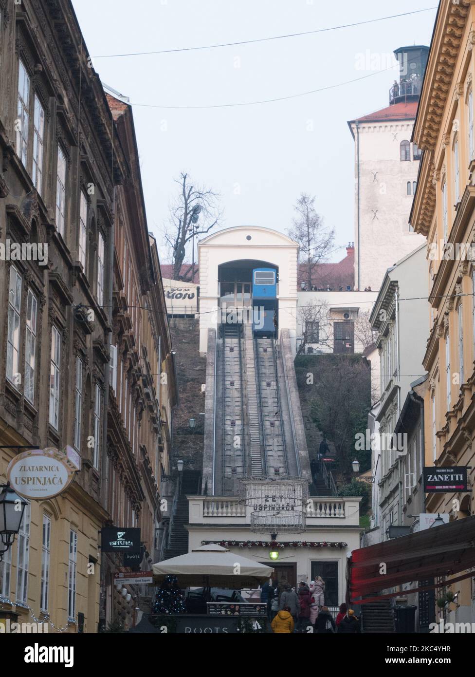 ZAGREB, CROATIA-January 4, 2020: The Zagreb Funicular in Tomic Street, connecting Ilica with Strossmayer promenade to the north. Its 66-metre track ma Stock Photo