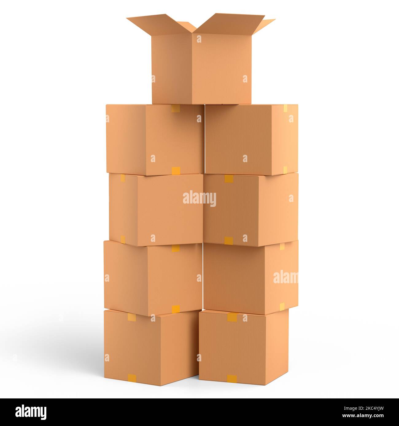 Stack of cardboard boxes or carton gift box isolated on white background. 3d render concept of express delivery to warehouse, carrying parcel and onli Stock Photo