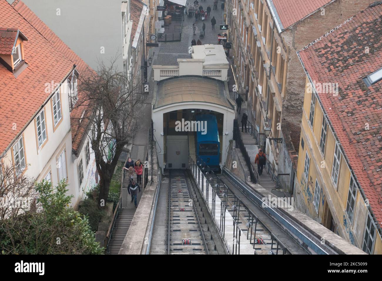 ZAGREB, CROATIA-January 4, 2020: The Zagreb Funicular in Tomic Street, connecting Ilica with Strossmayer promenade to the north. Its 66-metre track ma Stock Photo