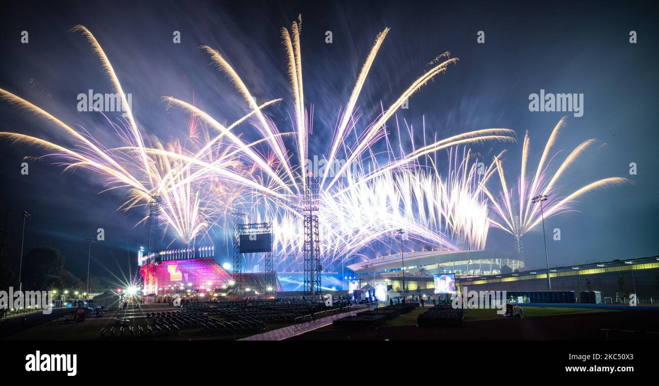 The beautiful colorful fireworks of the Commonwealth Games Opening