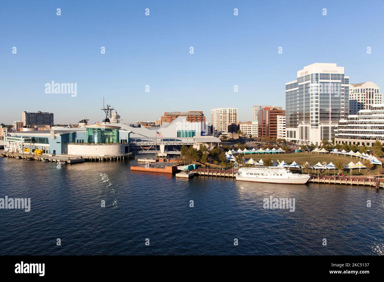 The late afternoon view of a cruise ship terminal and Norfolk downtown