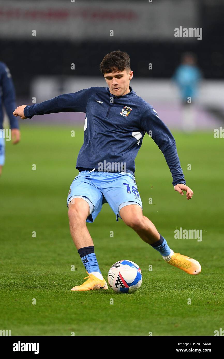 Ryan Giles of Coventry City warms up ahead of kick-off during the Sky Bet Championship match between Derby County and Coventry City at the Pride Park, Derby on Tuesday 1st December 2020. (Photo by Jon Hobley/MI News/NurPhoto) Stock Photo