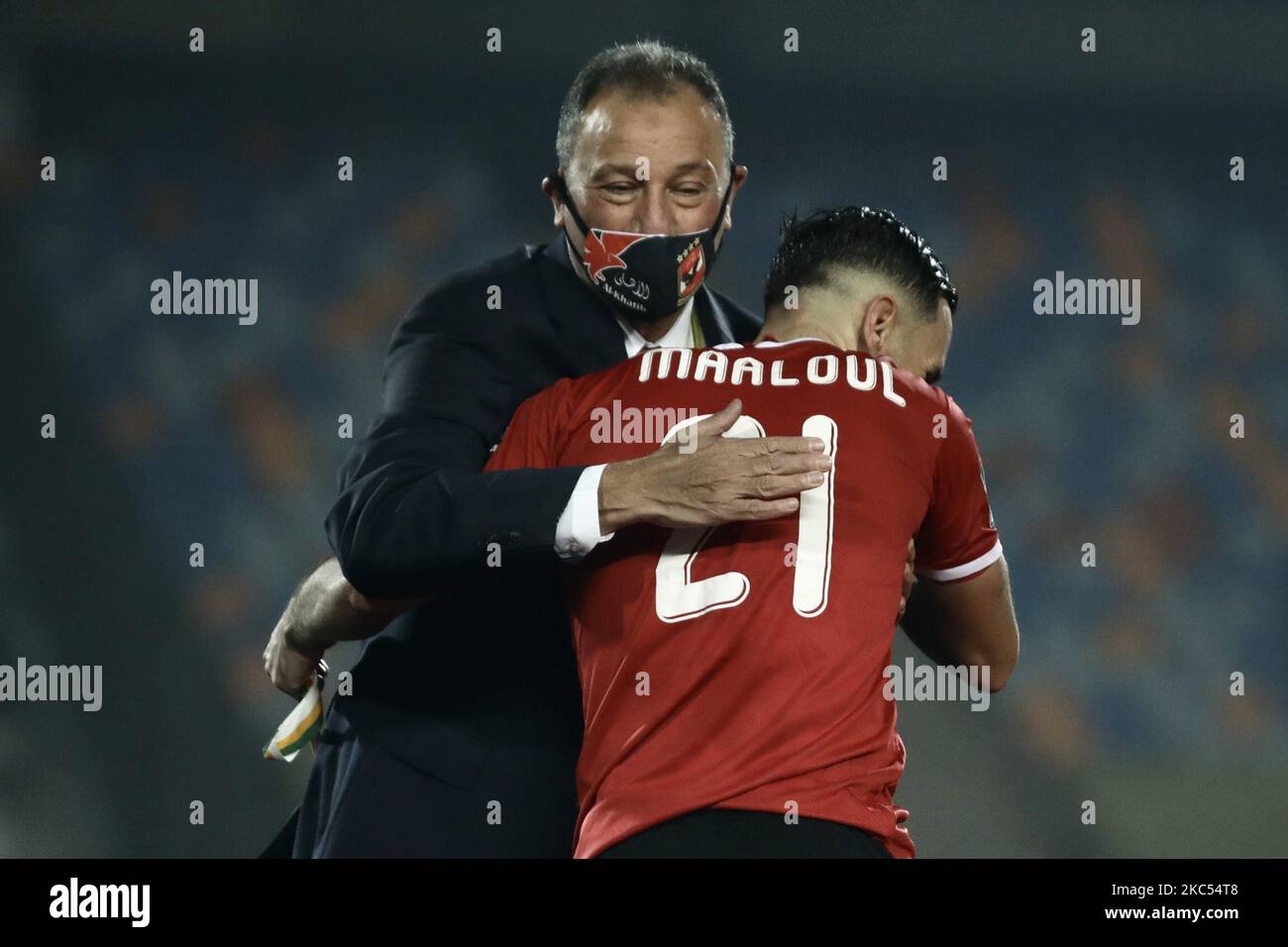 Ali Maaloul of Al Ahly celebrate after winning the final match between Zamalek and Al Ahly at Cairo stadium on 27 November, 2020 in Cairo, Egypt. (Photo by Ahmed Awaad/NurPhoto) Stock Photo