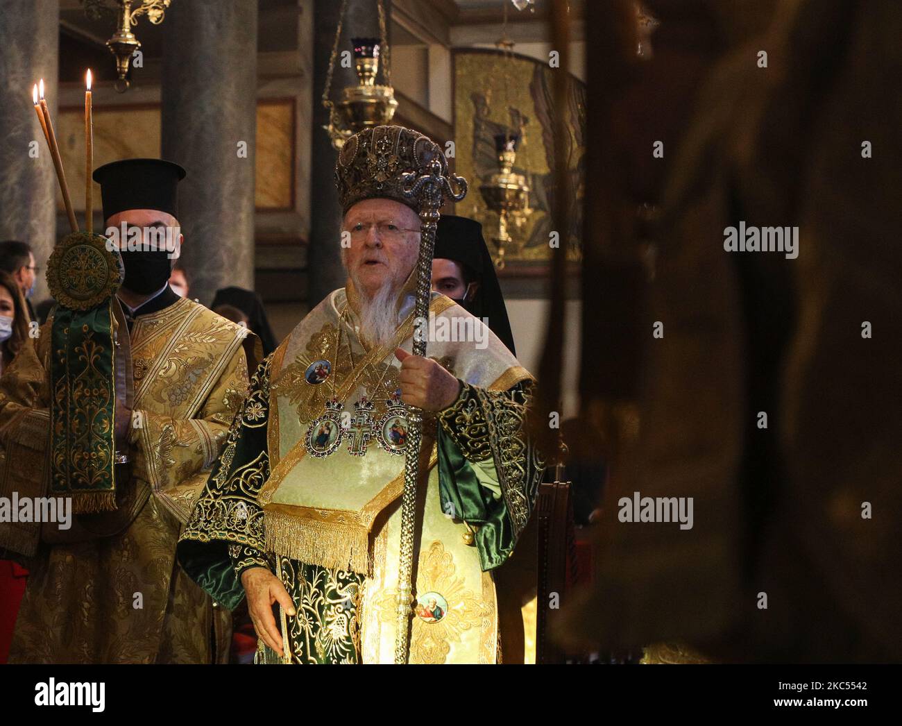 Current archbishop of Constantinople and ecumenical patriarch Bartholomew I of Constantinople serves the service at the principal Eastern Orthodox St. George's Cathedral in Istanbul, Turkey, November 30, 2020. (Photo by Sergii Kharchenko/NurPhoto) Stock Photo