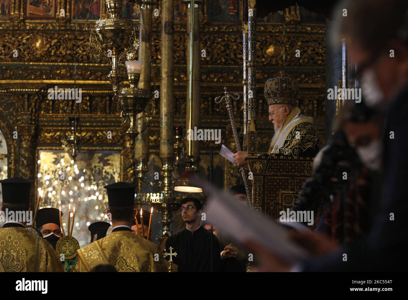 Current archbishop of Constantinople and ecumenical patriarch Bartholomew I of Constantinople serves the service at the principal Eastern Orthodox St. George's Cathedral in Istanbul, Turkey, November 30, 2020. (Photo by Sergii Kharchenko/NurPhoto) Stock Photo