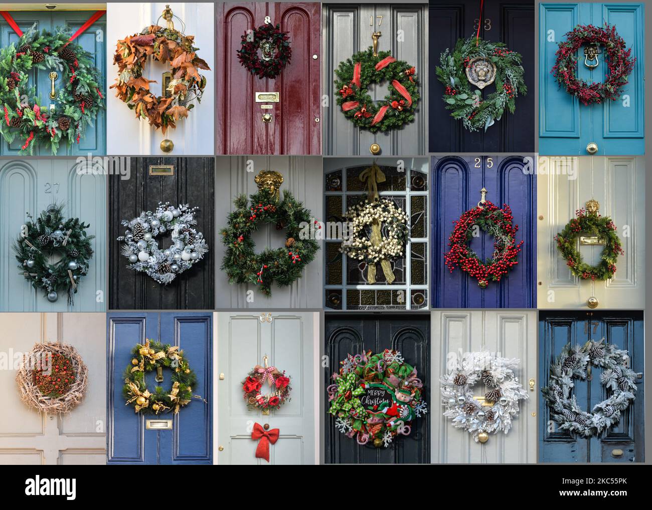 A photo collage showing Christmas wreaths seen on doors around Dublin