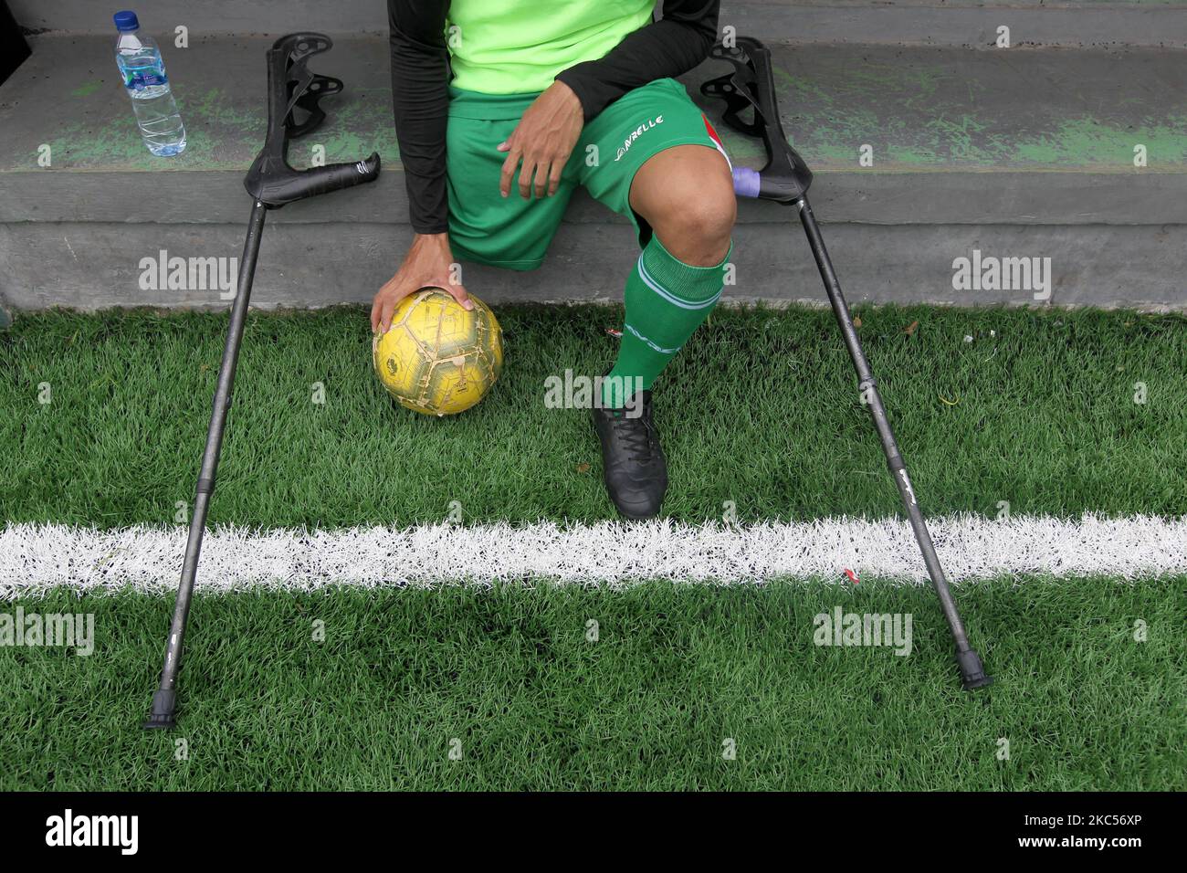 The Garuda Indonesia Amputee Football (INAF) Team footballer conducts soccer training at the F7