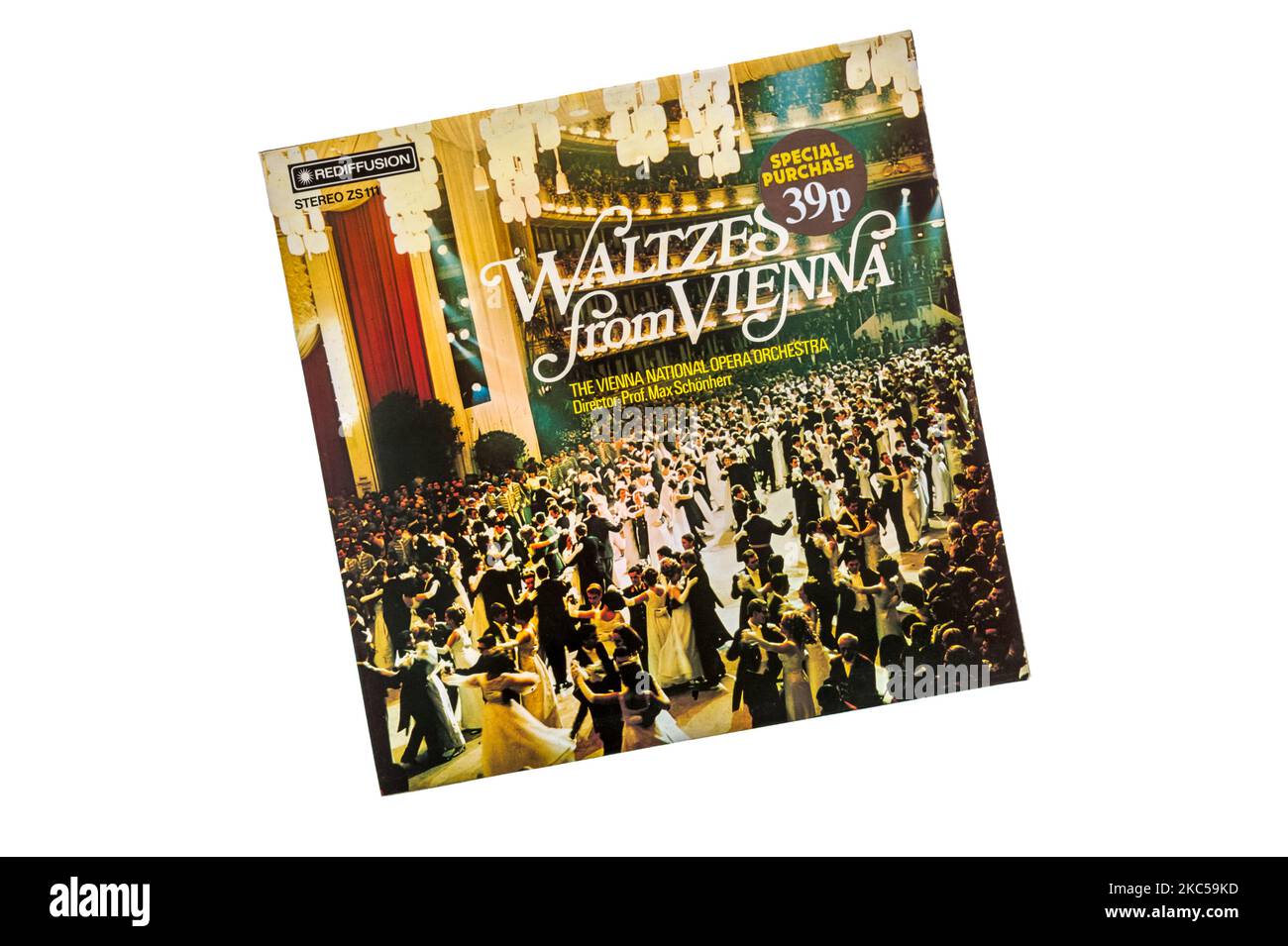 A 1972 budget record of Waltzes from Vienna by The Vienna National Opera Orchestra directed by Prof. Max Schönherr. With 39p Special Purchase sticker. Stock Photo