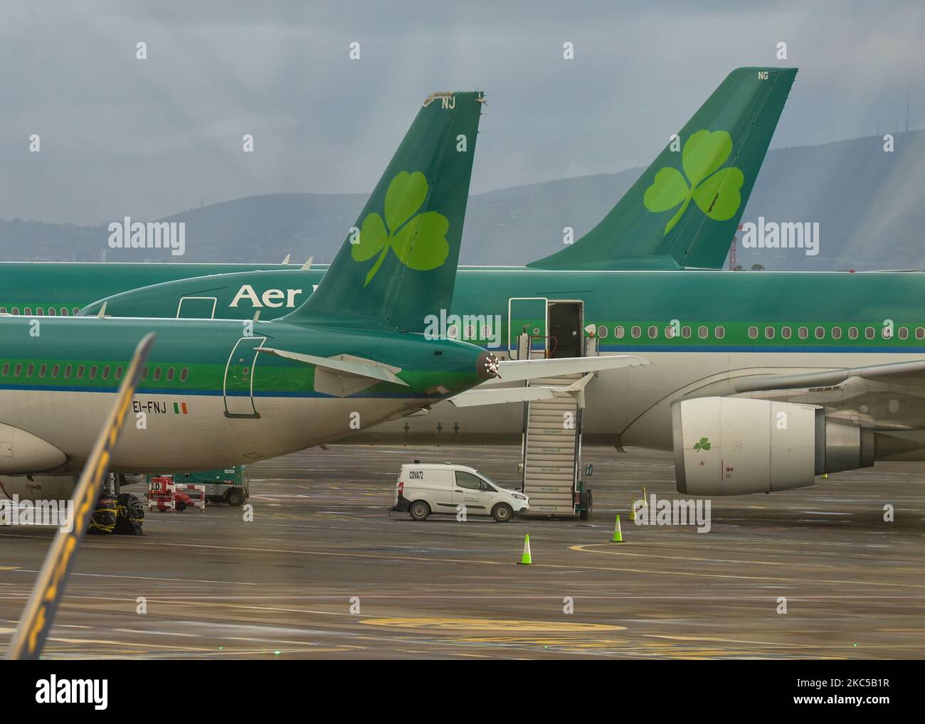 Aer Lingus planes seen grounded at Dublin Airport, during the coronavirus lockdown level 3. The pandemic has had a 'devastating' impact on the operator of Dublin airport. DAA's losses at the beginning of September 2020 were approaching €150 million - according to its chief executive Dalton Philips. Many airports across the EU are now under intense financial pressure due to the slump in passenger numbers because of the Covid pandemic. On Saturday, December 05, 2020, in Dublin Airport Dublin, Ireland. (Photo by Artur Widak/NurPhoto) Stock Photo