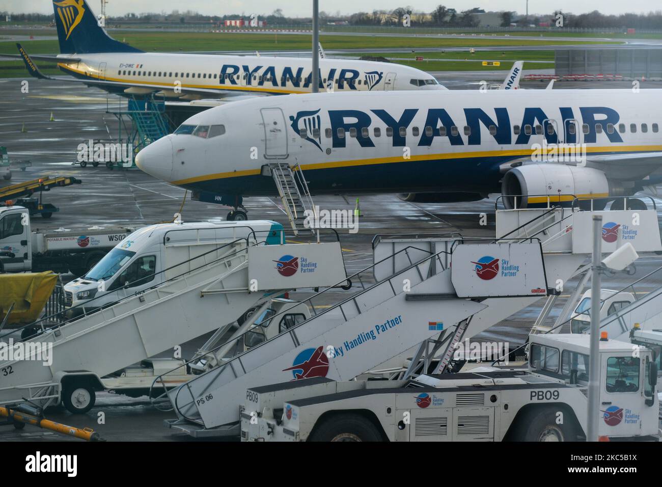 Ryanair planes seen grounded at Dublin Airport, during the coronavirus lockdown level 3. The pandemic has had a 'devastating' impact on the operator of Dublin airport. DAA's losses at the beginning of September 2020 were approaching €150 million - according to its chief executive Dalton Philips. Many airports across the EU are now under intense financial pressure due to the slump in passenger numbers because of the Covid pandemic. On Saturday, December 05, 2020, in Dublin Airport Dublin, Ireland. (Photo by Artur Widak/NurPhoto) Stock Photo