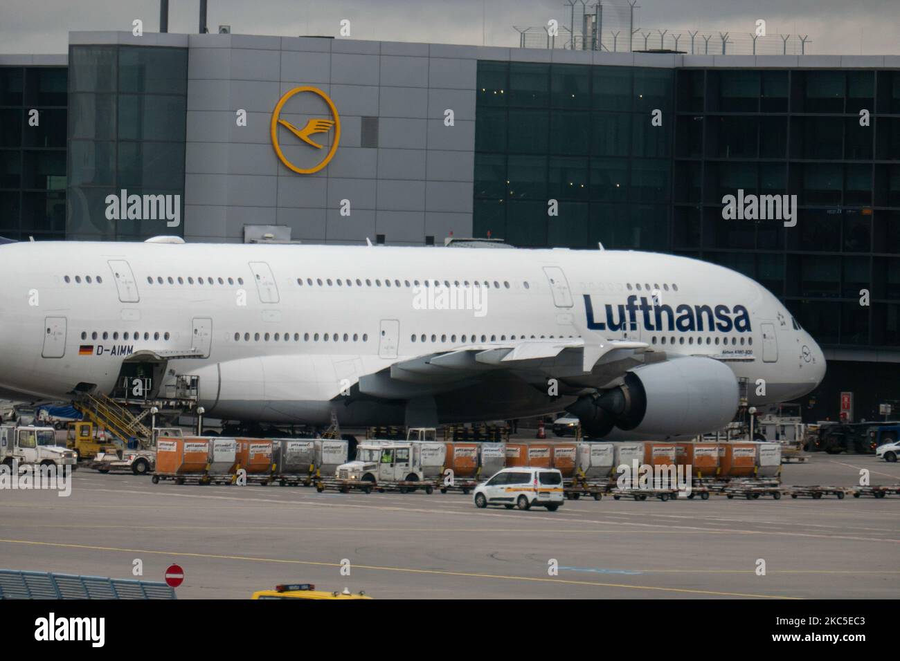 Lufthansa Airbus A380 double-decker aircraft as seen in Frankfurt FRA airport docked at the gates getting loaded with passenger and cargo for departing a long haul flight. The wide-body A380-800 airplane has the registration D-AIMM the name Delhi and is powered by 4x RR jet engines. Deutsche Lufthansa AG DLH or LH is the largest airline in Germany with hub base in Frankfurt, Munich and Berlin airport, former German flag carrier and founding member of Star Alliance airline aviation group. The world passenger traffic declined during the coronavirus covid-19 pandemic era with the industry struggl Stock Photo