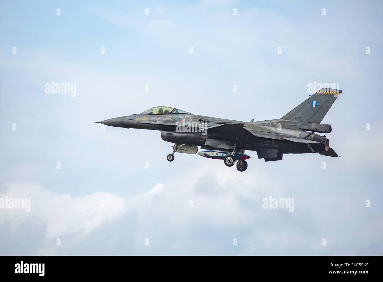 An F-16 Fighting Falcon or Viper, a multirole fighter jet aircraft of the Hellenic Air Force HAF ( Greek ) as seen landing at Kleine Brogel Air Base EBBL in Belgium. F16 variants are produced in the United States of America by General Dynamics and Lockheed Martin. The specific fighter jet belongs to HAF 340 Mira Squadron, 115 Combat Wing – Souda Air Base in Crete Island in Greece and is an F-16C/D Block 52+ The military airplane is part of the display team taking place in the Belgian airports during air shows in September 2019. (Photo by Nicolas Economou/NurPhoto) Stock Photo