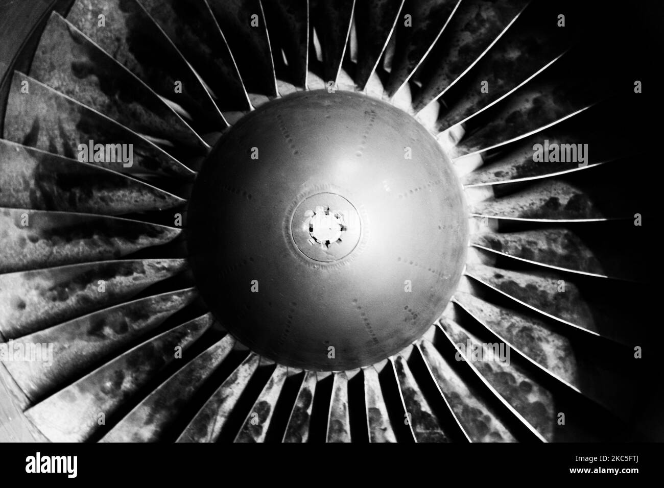A grayscale closeup of vintage Military Aircraft Jet Engine Stock Photo