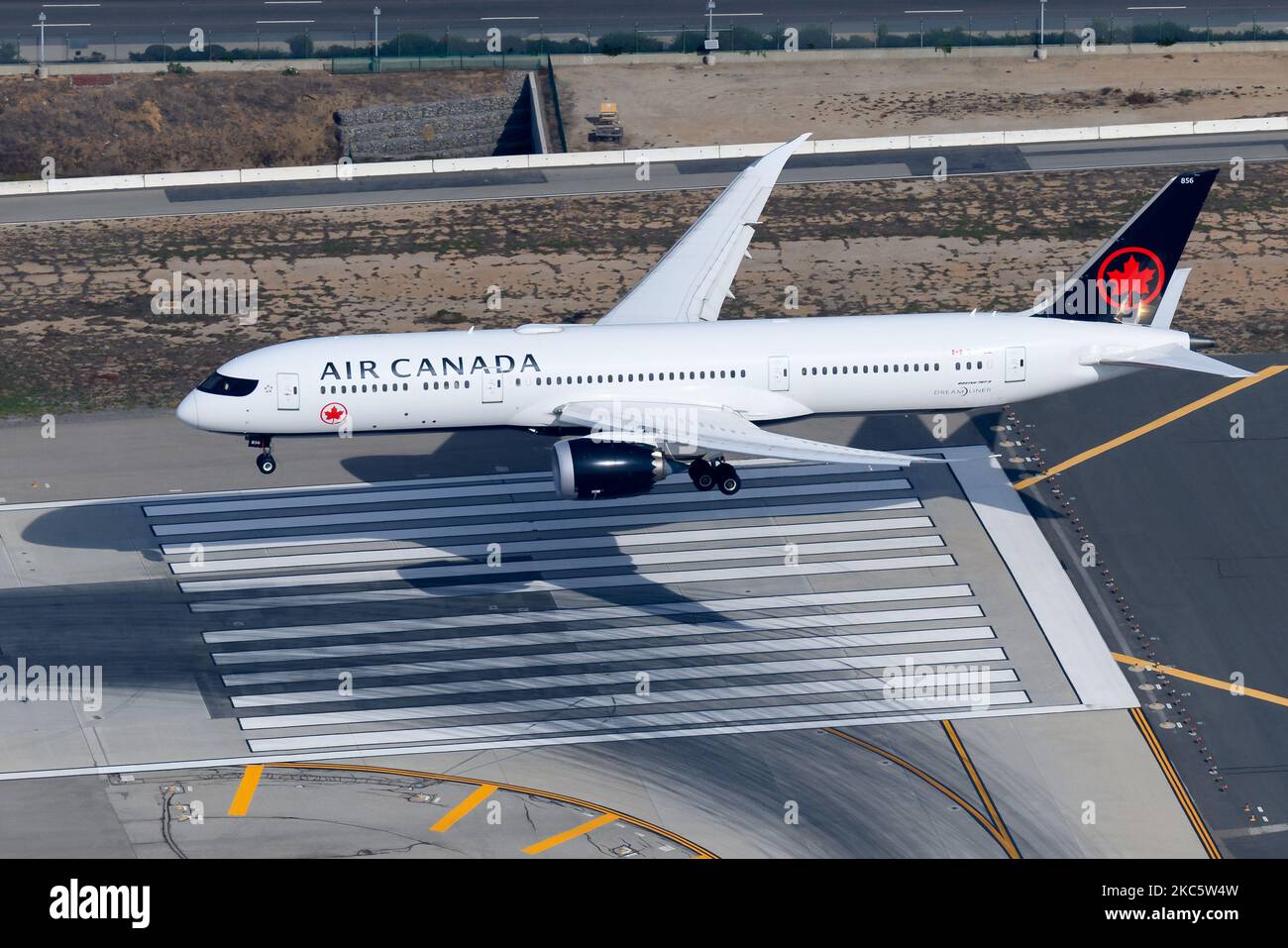 Air Canada Boeing 787 Dreamliner aircraft landing. Airplane 787-9 of Air Canada flying. Plane registered as C-FVLZ on final approach over the runway. Stock Photo