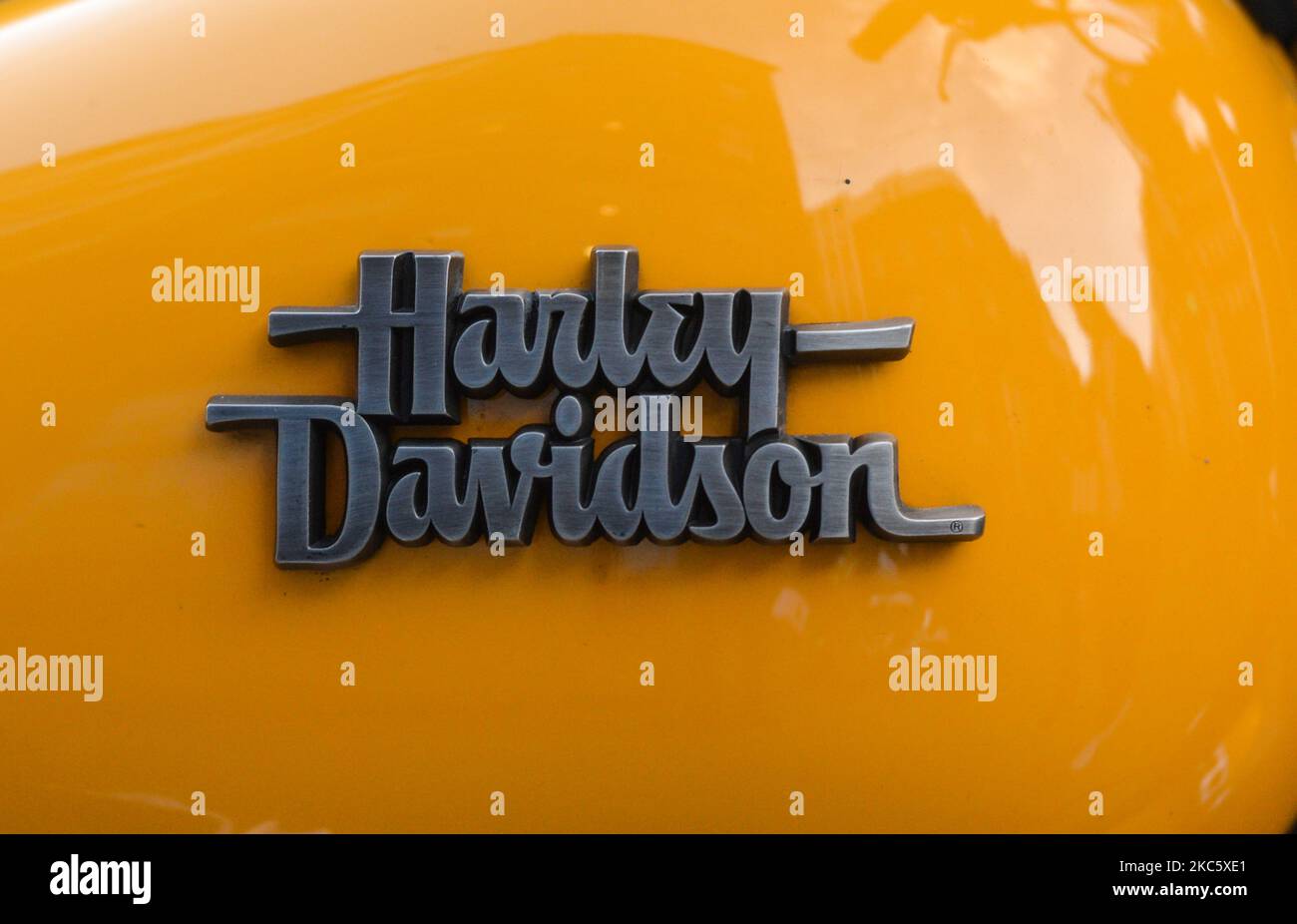 A logo of Harley Davidson, seen on a bike from Christian Motorcyclists