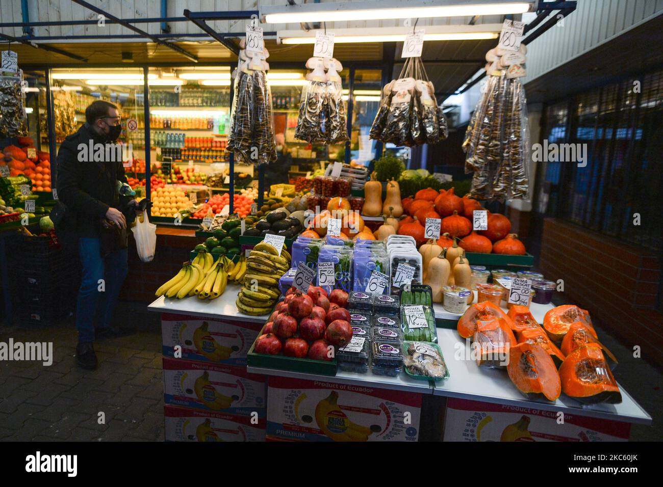 A stand with fruits and vegetables at the Stary Kleparz market in