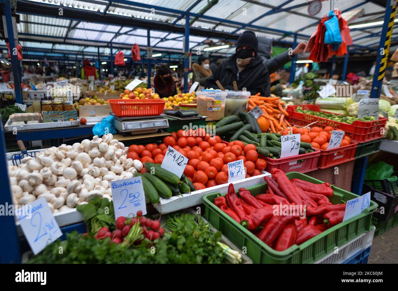 A stand with fruits and vegetables at the Stary Kleparz market in