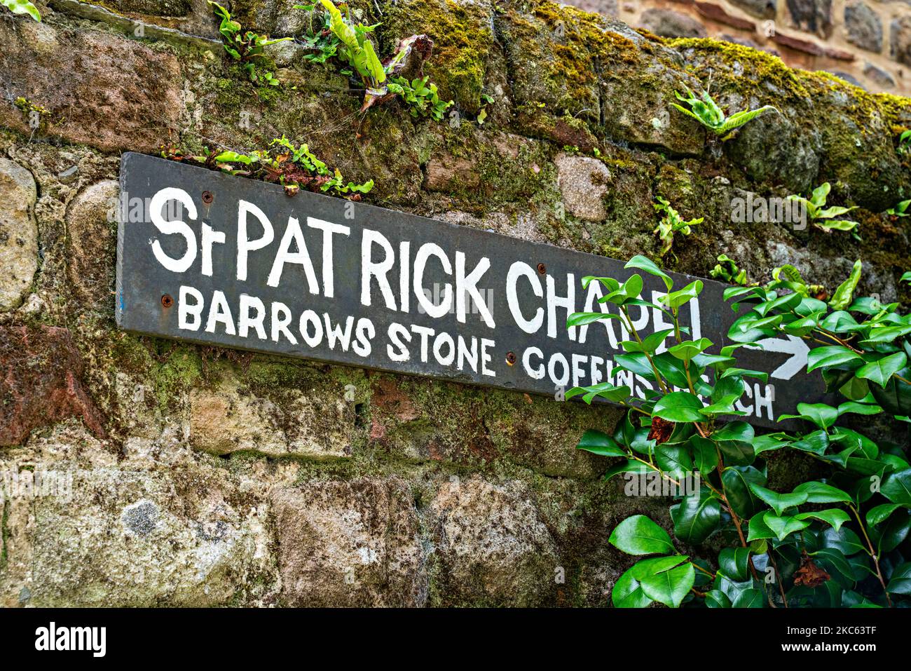 Sign for Barrows Stone Coffins, Heysham, Lancashire, UK Stock Photo