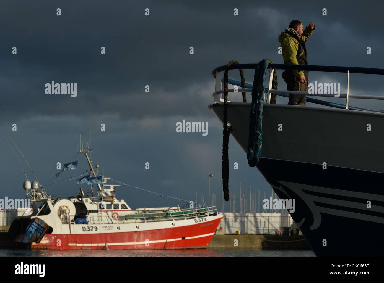 Fishing boats moored in Howth Harbor. Following Brexit, the UK will no longer be part of the EU Commons Fisheries Policy (CFP). Becoming an independent coastal state it will be fully responsible for managing fisheries in the UK’s Exclusive Economic Zone of 200 miles (including setting total allowable catches, distributing quotas and determining access to fisheries). However, access for EU vessels to UK waters and vice versa is part of the ongoing negotiations and a future agreement with the EU. According to Patrick Murphy, chief executive of the Irish South and West Fish Producers Organisation Stock Photo