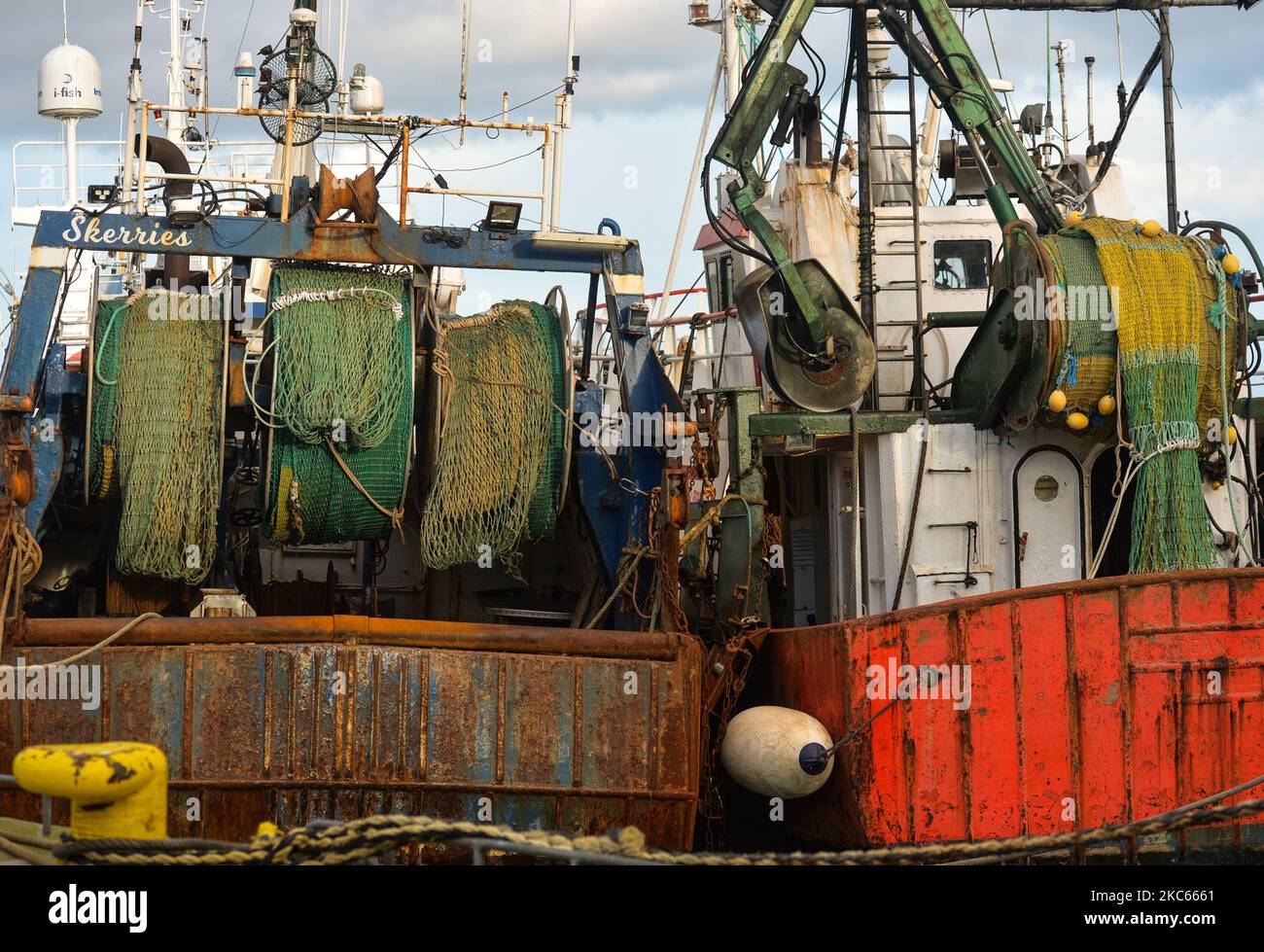 Fishing boats moored in Howth Harbor. Following Brexit, the UK will no longer be part of the EU Commons Fisheries Policy (CFP). Becoming an independent coastal state it will be fully responsible for managing fisheries in the UK’s Exclusive Economic Zone of 200 miles (including setting total allowable catches, distributing quotas and determining access to fisheries). However, access for EU vessels to UK waters and vice versa is part of the ongoing negotiations and a future agreement with the EU. According to Patrick Murphy, chief executive of the Irish South and West Fish Producers Organisation Stock Photo