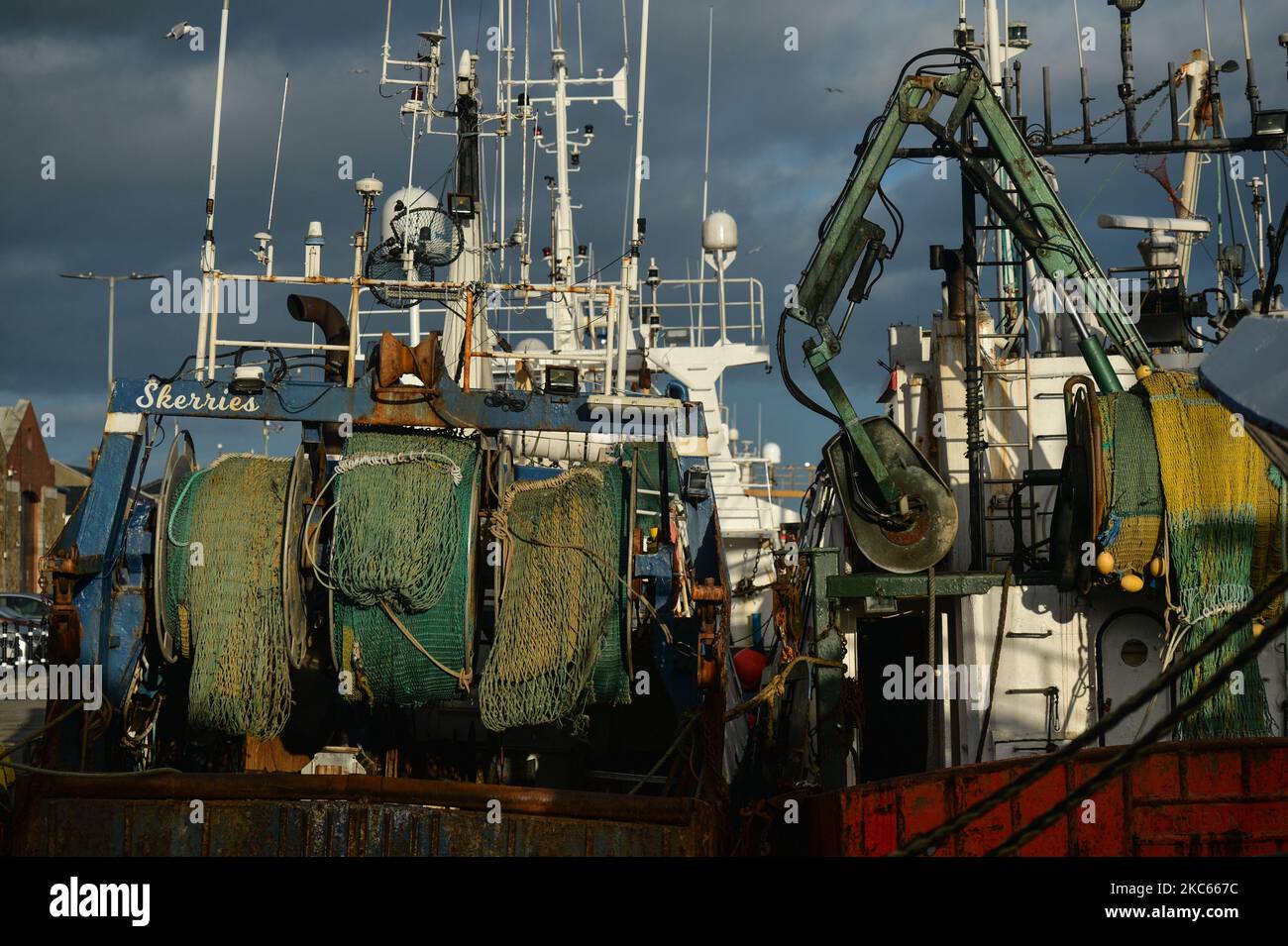 Fishing boats moored in Howth Harbor. Following Brexit, the UK will no longer be part of the EU Commons Fisheries Policy (CFP). Becoming an independent coastal state it will be fully responsible for managing fisheries in the UK’s Exclusive Economic Zone of 200 miles (including setting total allowable catches, distributing quotas and determining access to fisheries). However, access for EU vessels to UK waters and vice versa is part of the ongoing negotiations and a future agreement with the EU. According to Patrick Murphy, chief executive of the Irish South and West Fish Producers Organisation Stock Photo