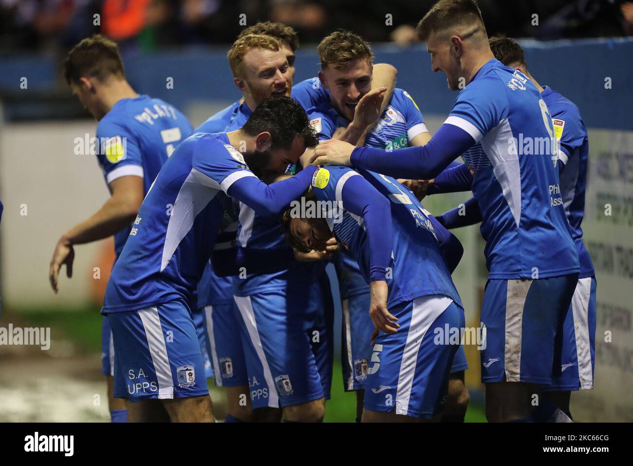Barrow's Luke James celebrates with his team mates after scoring their second goal during the Sky Bet League 2 match between Barrow and Cheltenham Town at the Holker Street, Barrow-in-Furness on Saturday 19th December 2020. (Photo by Mark Fletcher/MI News/NurPhoto) Stock Photo