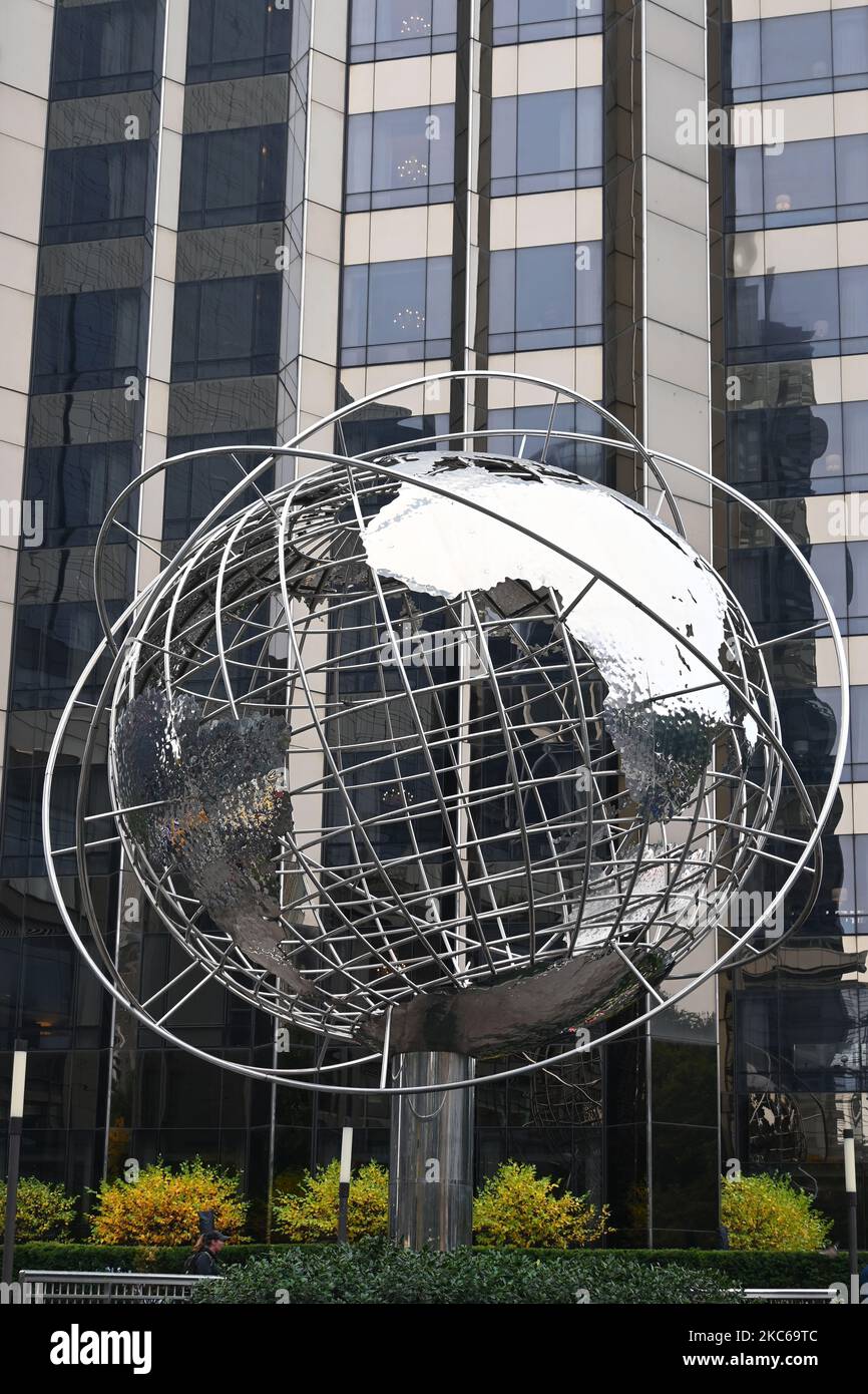 NEW YORK - 23 OCT 2022: Steel Globe at Columbus Circle installed outside Trump International Hotel and Tower, a, homage to the Unisphere, located in t Stock Photo