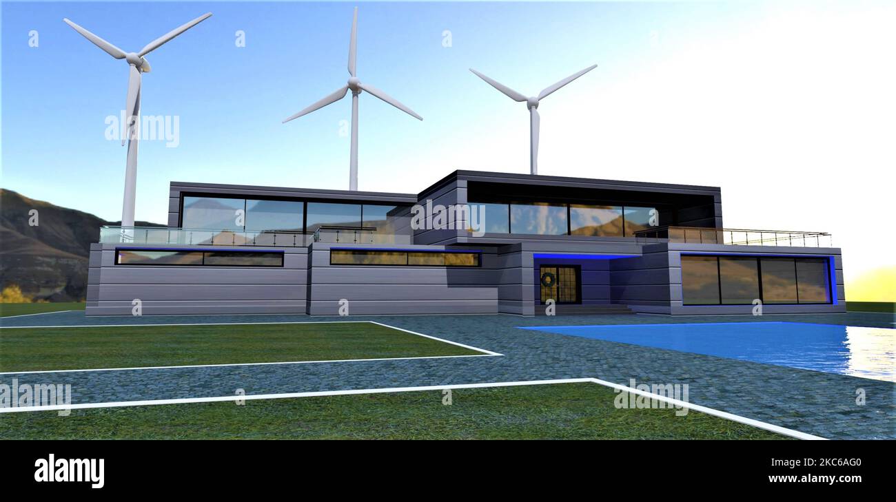 Futuristic autonomous household with wind turbines on the territory