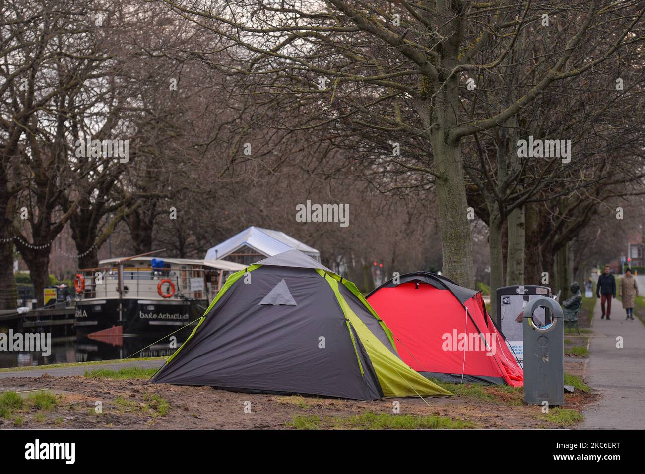 Rough sleeper's tents seen on Christmas Day, next to the Grand Canal in