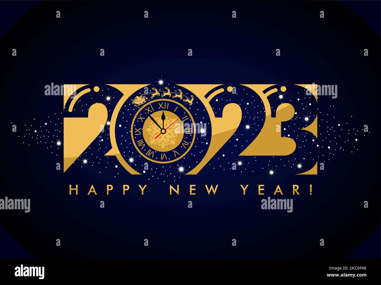 2023 New Year night starry background. Silhouette of Santa Claus in sleigh with reindeer over Christmas clock. Vector template for greeting card, post Stock Vector
