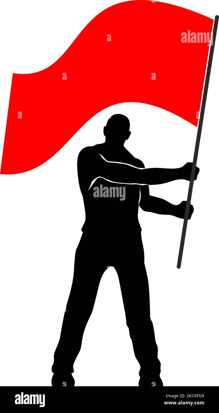 Man with red flag. Silhouette of protesting rebel  holding banner. Vector on transparent background Stock Vector