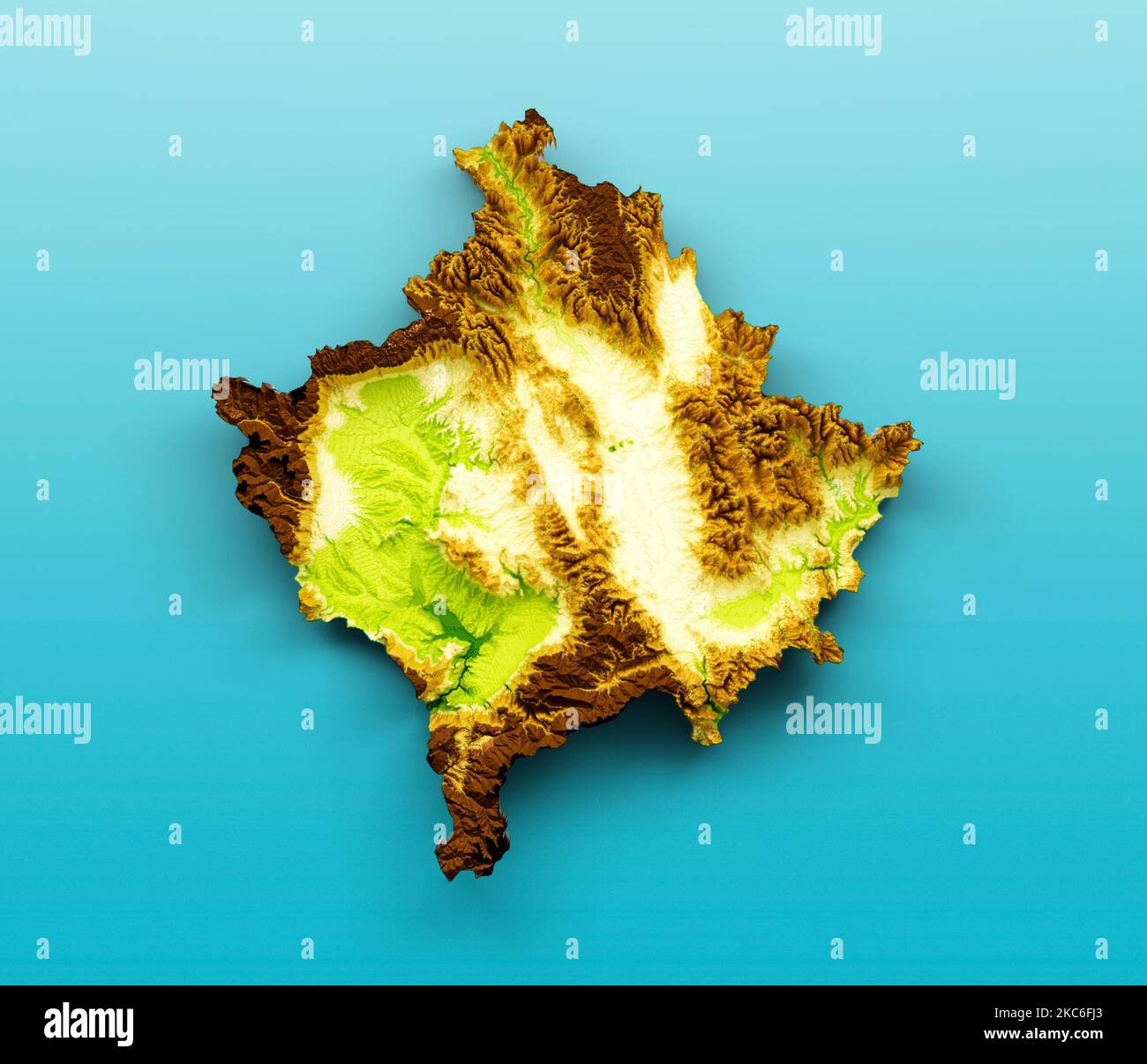A 3D render of Kosovo Map Shaded relief Color Height map on a blue background Stock Photo