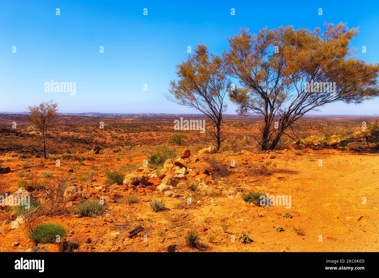 Red soil outback hill ranges around Broken Hill mining city if Australian Far WEst of NSW near public Sculpture garden living desert. Stock Photo