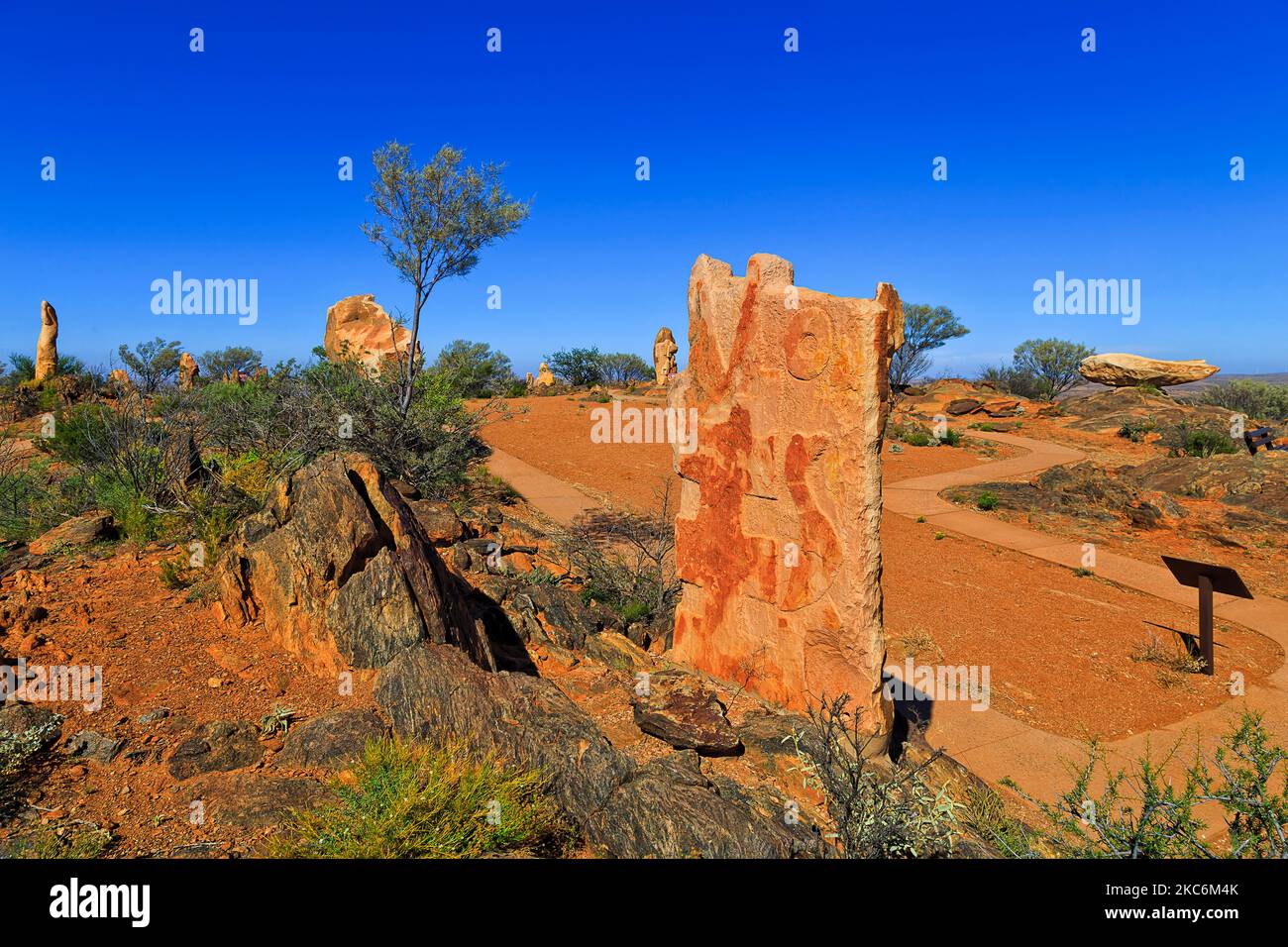 Public park with stone sculptures at Broken Hill mining city of Australian Far West NSW on a hot summer day. Stock Photo
