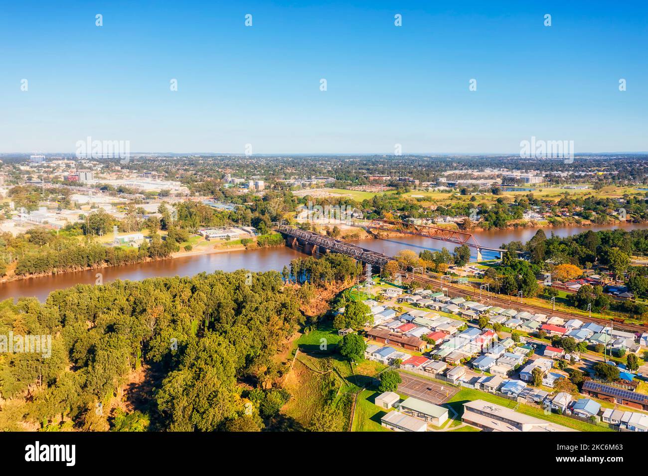 Victoria bridge and Yandhai Nepean crossing over Nepean river in Greater Sydney at Penrith - aerial landscape. Stock Photo