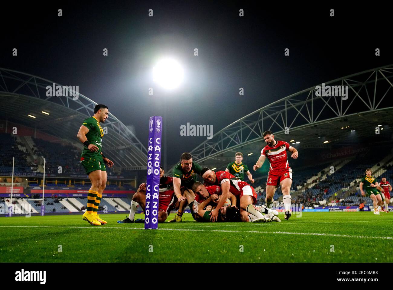 Expandable Try Line Australia's James Tedesco is tackled just short of the try line during ...