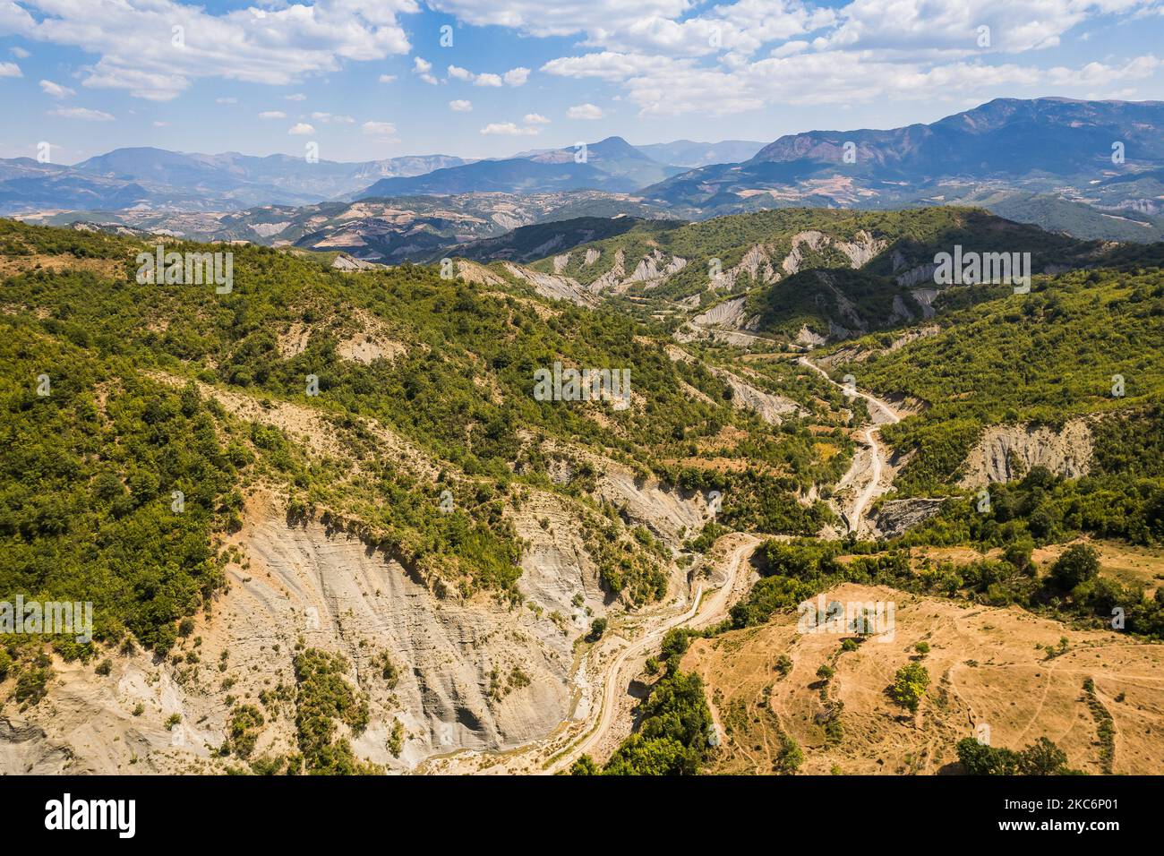 Panorama of mountain around Sotira Waterfall in Albania in Summer Stock Photo
