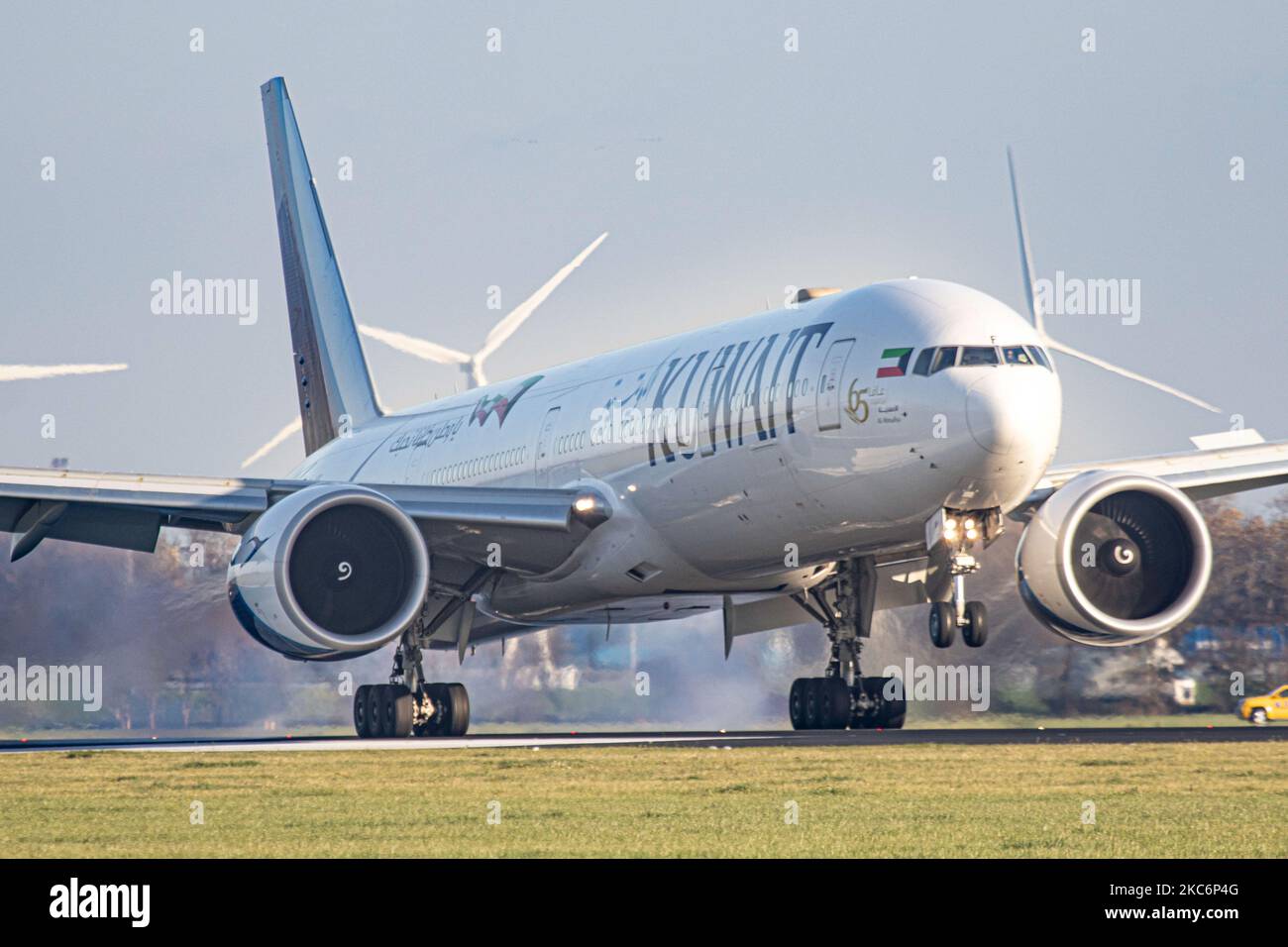 Kuwait Airways Boeing 777300 aircraft as seen on final approach flying and landing in Amsterdam