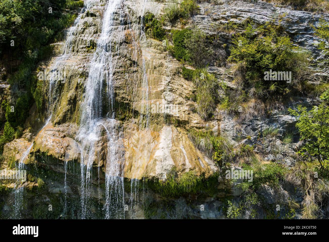 Detail of the water stream of Sotira river with waterfall in Summer 2022, Albania Stock Photo