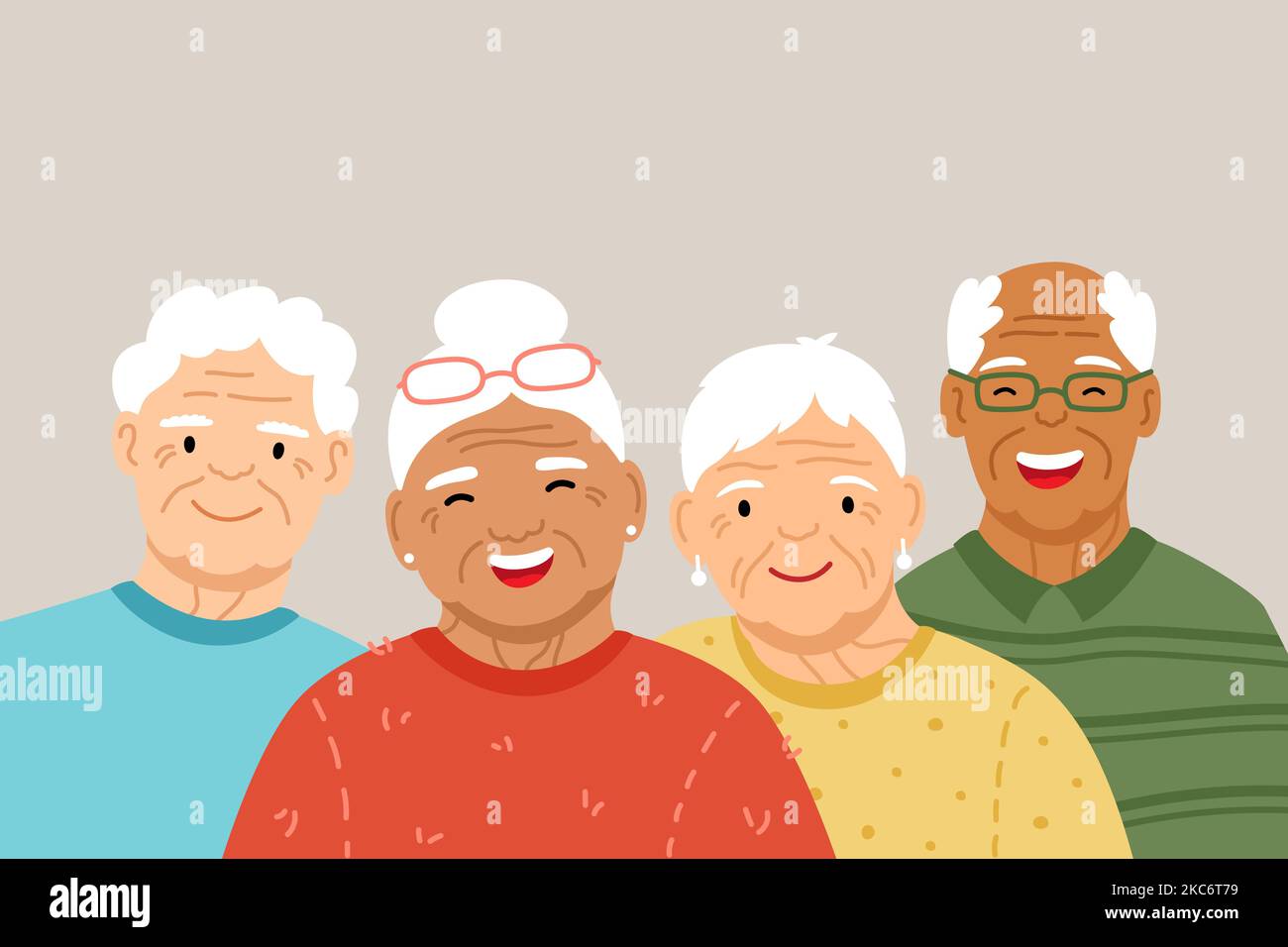 Group of happy smiling old senior people, silver generation. Flat vector illustration on gray background Stock Vector
