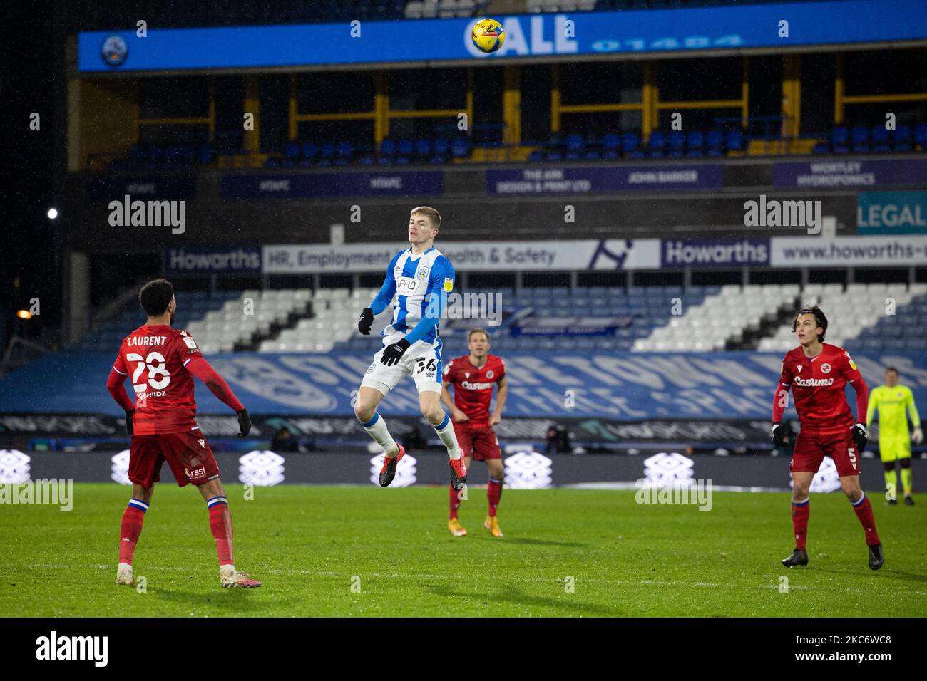 Kieran Phillips of Huddersfield Town makes a header during the Sky Bet Championship match between Huddersfield Town and Reading at the John Smith's Stadium, Huddersfield on Saturday 2nd January 2021. (Photo by Pat Scaasi/MI News/NurPhoto) Stock Photo