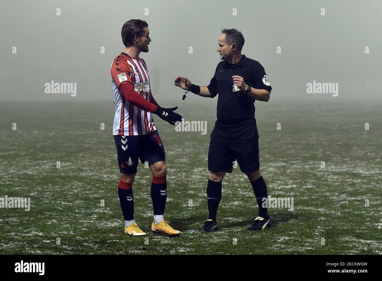 Oldham Athletic's Conor McAleny with referee Richard Lewis after the abandonment of the Sky Bet League 2 match between Forest Green Rovers and Oldham Athletic at The New Lawn, Nailsworth on Saturday 2nd January 2021. (Photo by Eddie Garvey/MI News/NurPhoto) Stock Photo